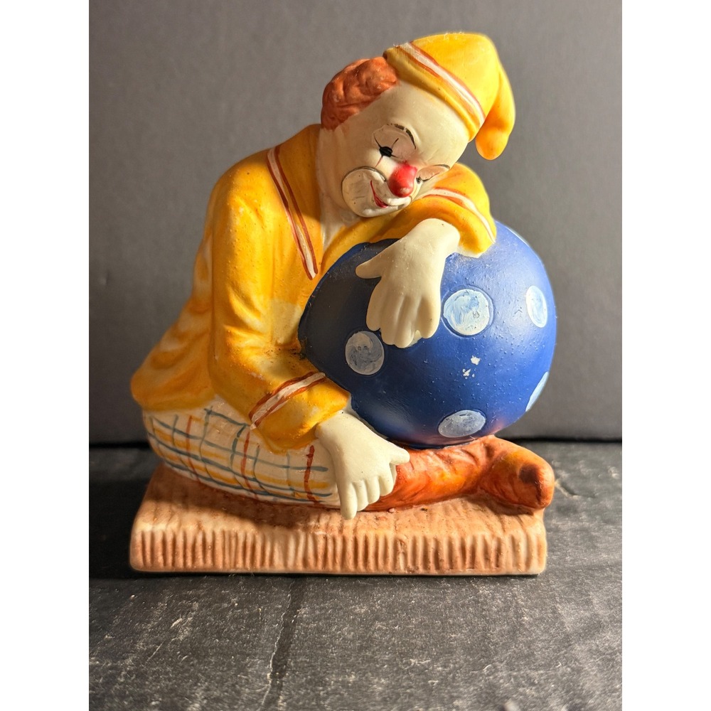 Vintage Ceramic Clown Figurine Yellow Plaid Suit Blue Polka Dot Ball Taiwan